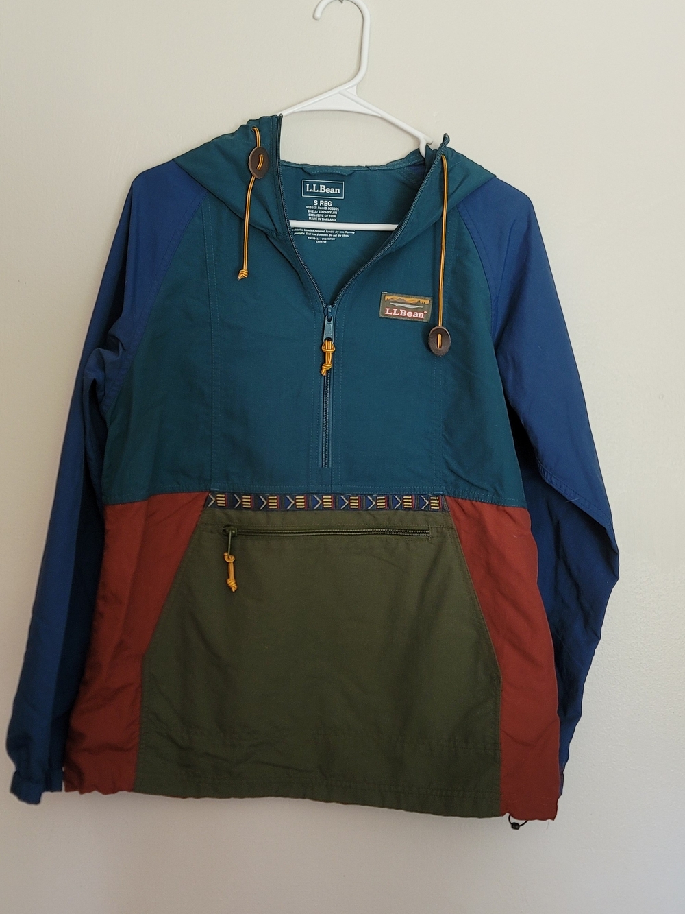 L.L. Bean Teal, Blue, Olive & Rust Colorblock Hooded Pullover